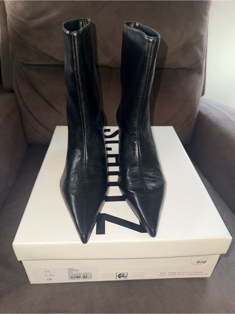 SCHUTZ Black Pointed Toe Leather Ankle Boots
